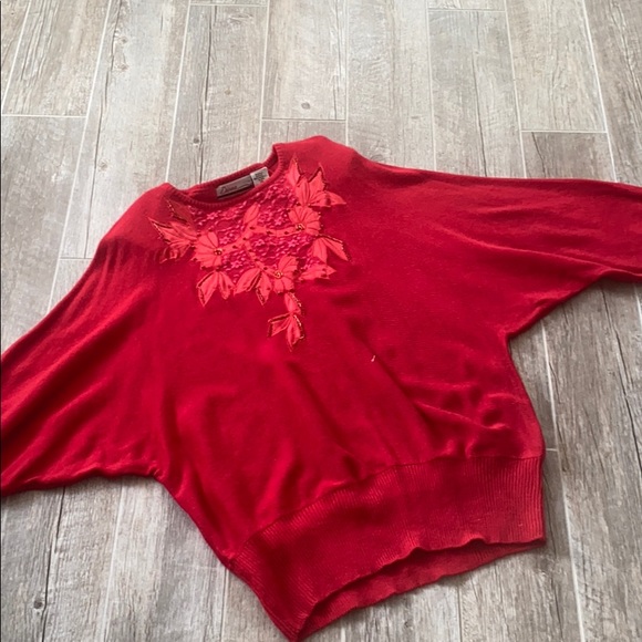 Vintage Diana Marco Red Poinsettia Batwing Sweater - Picture 2 of 7